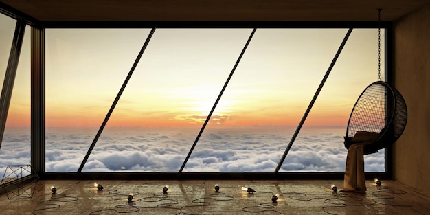 Vista attraverso il tramonto e le nuvole della finestra panoramica