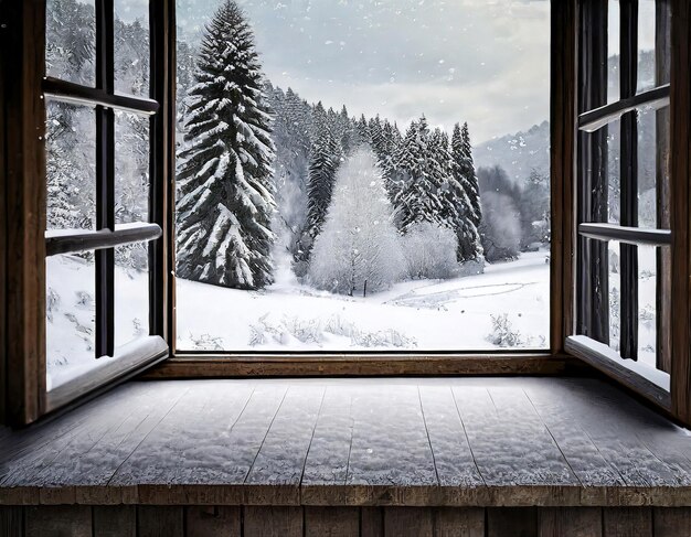 Vista attraverso una finestra aperta di un giardino con la neve in inverno