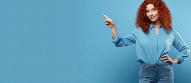 Vista completa del corpo della donna allegra con i capelli rossi che indossa camicia blu e jeans in piedi su sfondo blu che punta a lato con spazio banner per il design