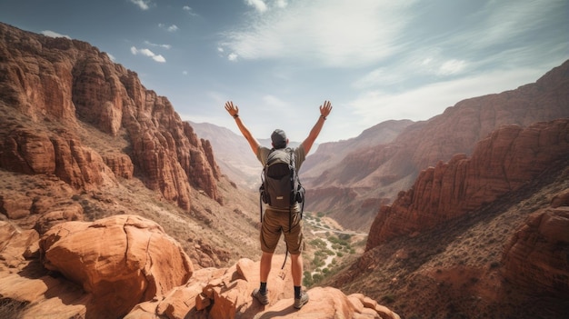 Vista completa del corpo di un escursionista maschio da dietro in piedi in un canyon con le mani sollevate delle braccia serrate a pugno