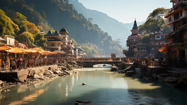 Vista completa del tempio di Yamunotri in India