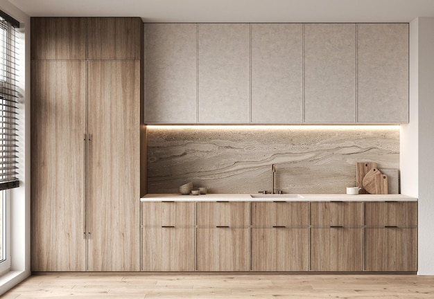 Vista completa di una cucina moderna con armadi in legno elettrodomestici integrati e una lussuosa arenaria