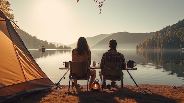 Vista da dietro di una coppia seduta accanto a una tenda da campeggio con una vista panoramica del lago ai generative