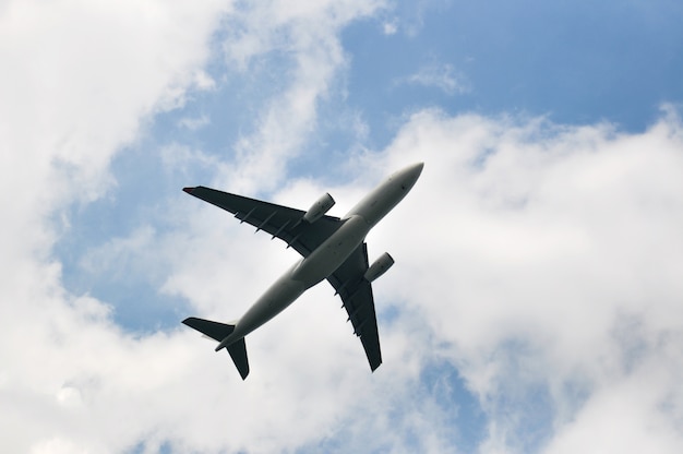 Vista da sotto l&#39;aeroplano del getto commerciale che vola sul cielo nuvoloso di giorno soleggiato