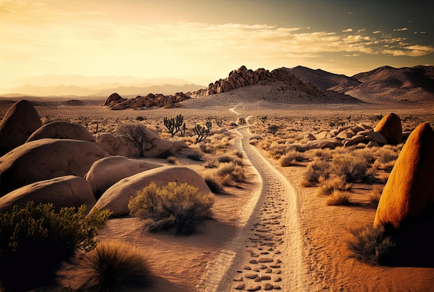 Vista da una lunga distanza che mostra un sentiero di pietra circondato dal deserto