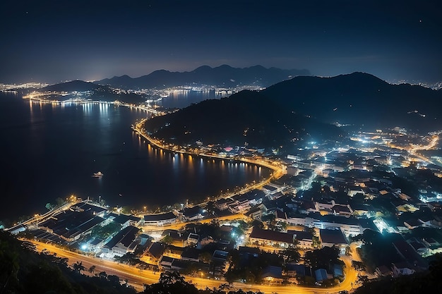 Vista da una tavola di legno sopra la città di Phuket di notte