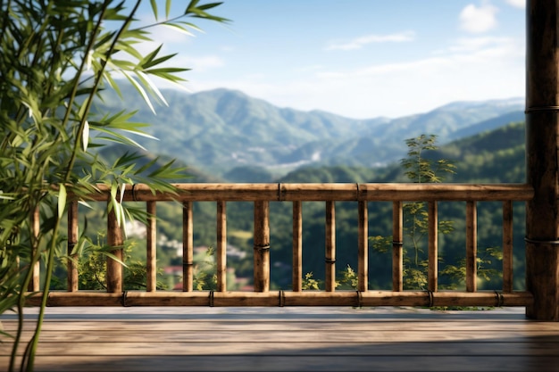 Vista dal balcone della foresta di bambù, montagne sfocate sullo sfondo Illustrazione AI generativa