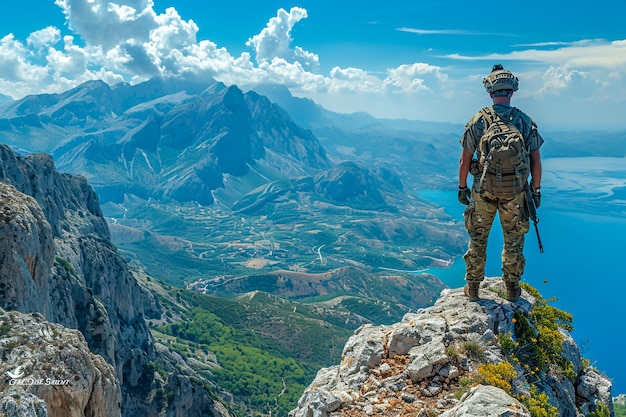 Vista dal retro di un soldato maschio in uniforme dell'esercito americano che sventola la bandiera degli Stati Uniti in cima a una montagna in una radura al tramonto