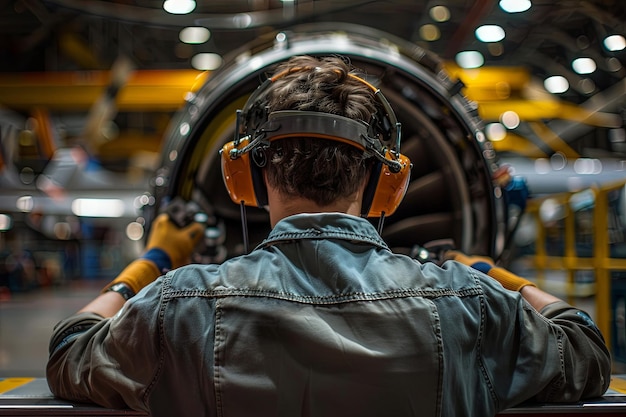 vista dal retro di un tecnico di manutenzione dell'aeromobile che lavora sulla turbina