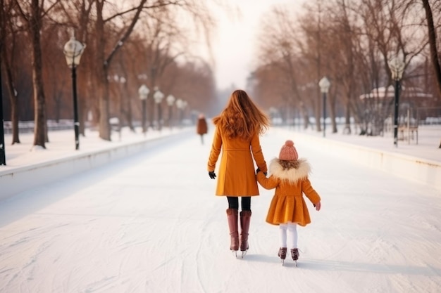Vista dal retro di una madre e una figlia in cappotti eleganti che si tengono per mano e pattinano sul ghiaccio in inverno