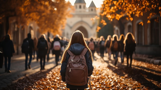 vista dal retro i bambini vanno a scuola con gli zaini in autunno in strada di ritorno a scuola