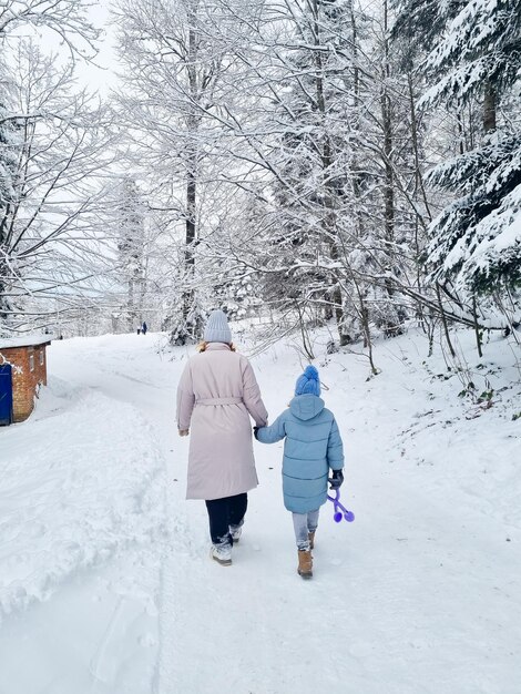 Vista dal retro madre e figlia camminano attraverso una foresta o un parco innevato