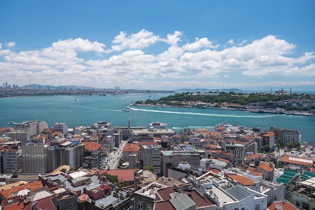 Vista dal tetto dello stretto del Bosforo con navi e una moschea Paesaggio panoramico estivo a Istanbul Turchia