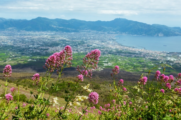 Vista dal vulcano Vesuvio in Italia alla costa del mare e della città dall'alto, contro il cielo.