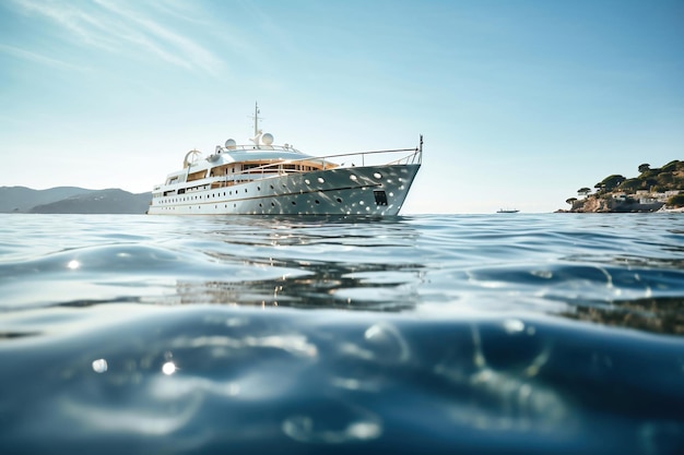 Vista dall'acqua di un grande yacht di lusso in alto mare situato sopra l'orizzonte Riflessione dello yacht nelle onde del mare Vista di fondo Viaggio