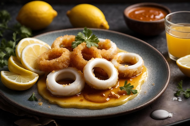 Vista dall'alto anelli di calamari in pasta con salsa e fette di limone