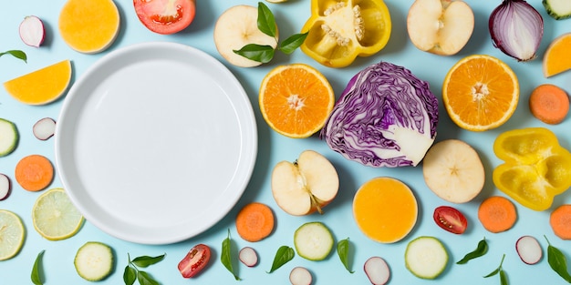 Vista dall'alto assortimento di frutta e verdura fresca