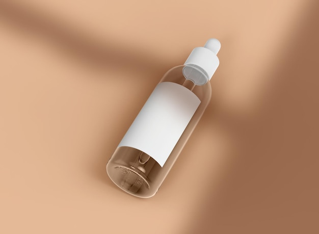 Vista dall'alto bottiglia contagocce in vetro su sfondo marrone con ombra. Rendering 3D