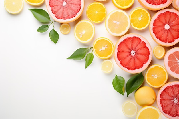 Vista dall'alto colorata di una selezione di limoni e pompelmi biologici su sfondo bianco