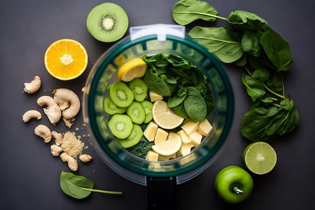 Vista dall'alto degli ingredienti del frullato verde nel frullatore Vegan Alimentazione sana e dieta AI generativa