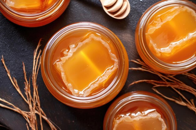 Vista dall'alto degli strati di kombucha scoby in barattolo