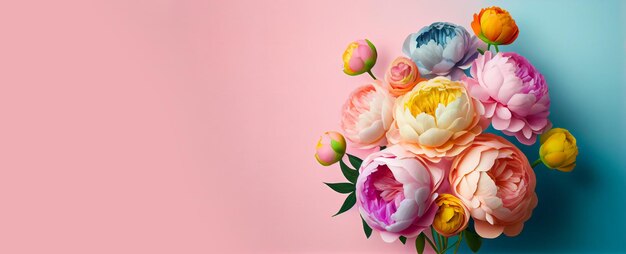 Vista dall'alto dei fiori di peonia primaverile in stile piatto Saluto per la festa della donna o della mamma