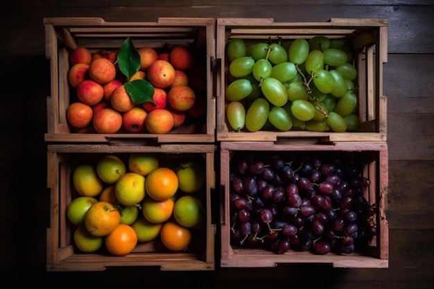 Vista dall'alto dei frutti in gabbie di legno rettangolari nel mercato rurale sfondo generativo AI