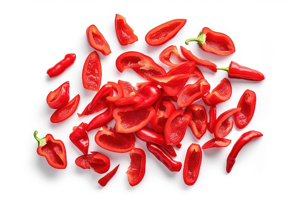 Vista dall'alto dei pezzi di peperone rosso su sfondo bianco