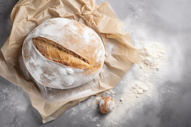 Vista dall'alto del barattolo di vetro del pane fresco britannico o europeo con sacchetto di farina di lievito naturale e orecchie