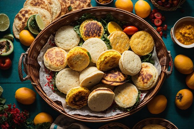 vista dall'alto del cestino con assortimento di arepas