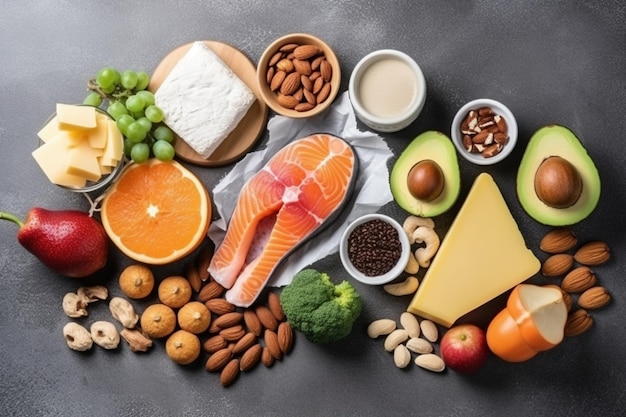 vista dall'alto del cibo chetogenico sano a basso contenuto di carboidrati per una dieta equilibrata