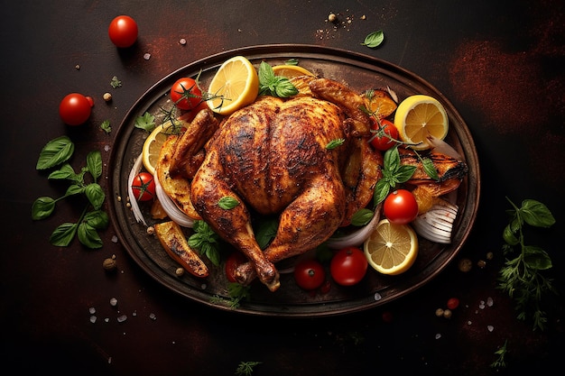 Vista dall'alto del cibo di pollo arrosto intero servito su un piatto da ristorante per cena