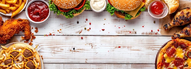 Vista dall'alto del cibo spazzatura Pizza hamburger ali di pollo e snack salati su un tavolo di legno