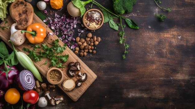 Vista dall'alto del cibo Tavolo in legno rustico sfondo ingredienti per piatti vegani radice di verdure