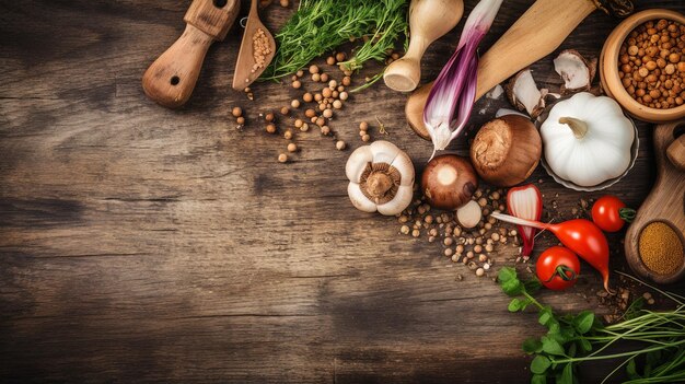 Vista dall'alto del cibo Tavolo in legno rustico sfondo ingredienti per piatti vegani radice di verdure