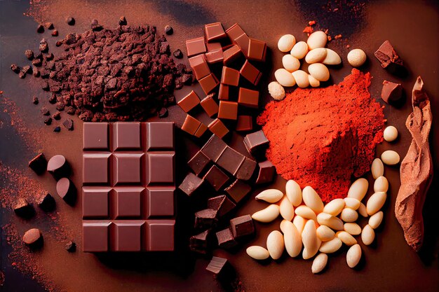Vista dall'alto del cioccolato e dei suoi ingredienti illustrazione 3d IA generativa