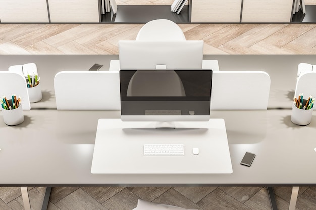 Vista dall'alto del desktop in un moderno ufficio in legno con mobili e attrezzature Rendering 3D del concetto di posto di lavoro