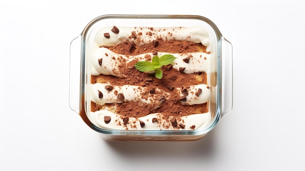 Vista dall'alto del dessert al biscotto Tiramisu con cioccolato alla crema e fragole su uno sfondo bianco pulito AI generativa