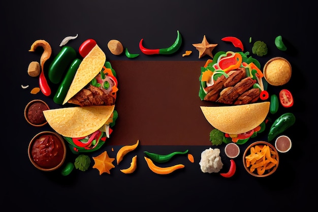 Vista dall'alto del doppio bordo del cibo messicano su uno sfondo di banner scuro Generativo ai