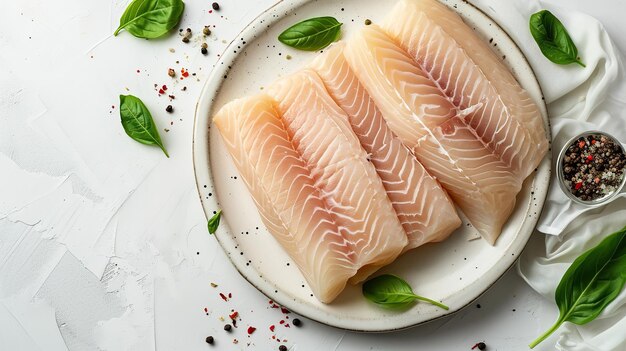 Vista dall'alto del filetto di pesce crudo con un grande spazio per la copia conservato in un piatto su sfondo bianco AI generativa