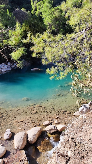 vista dall'alto del lago con acqua blu