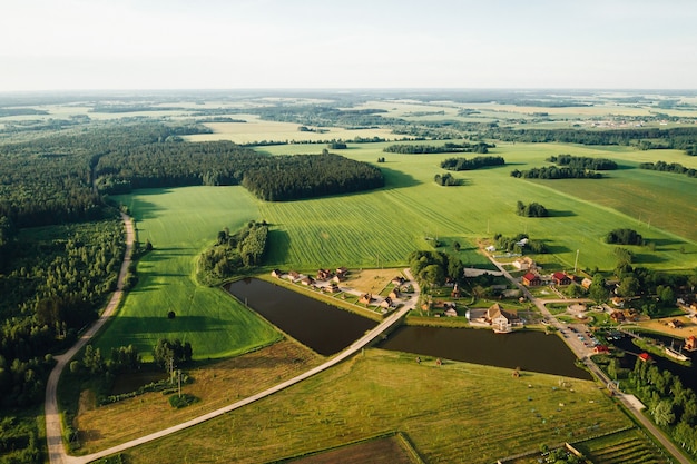 Vista dall'alto del lago in un campo verde a forma di ferro di cavallo e un villaggio nella regione di Mogilev