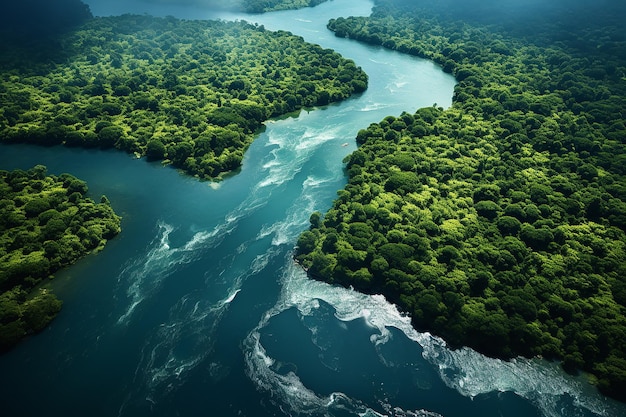 Vista dall'alto del lungo fiume circondato da fitti alberi verdi nella foresta AI generativa