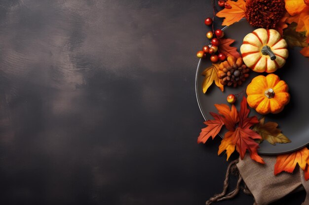 Vista dall'alto del piatto a tema autunnale con posate su sfondo in grafite che evoca Halloween e Ringraziamento