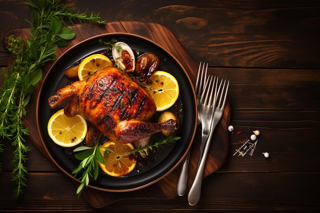 Vista dall'alto del pollo arrosto di Ringraziamento con fette di limone e posate