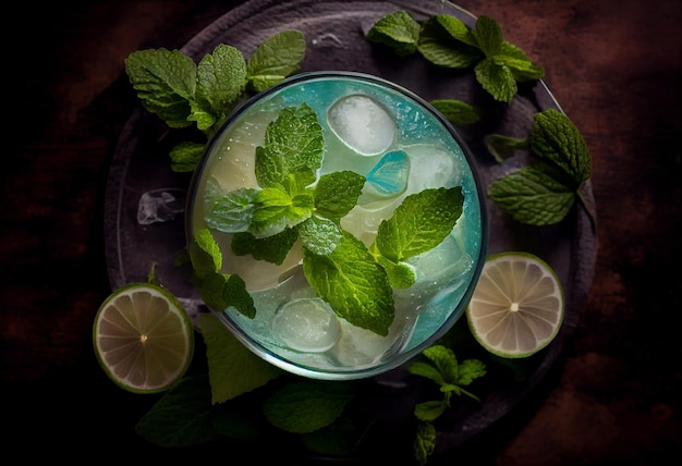 Vista dall'alto del rinfrescante cocktail alla menta mojito Genera Ai