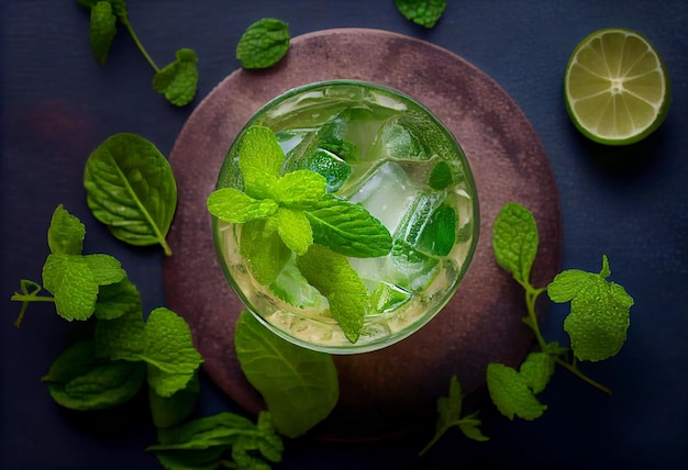 Vista dall'alto del rinfrescante cocktail alla menta mojito Genera Ai