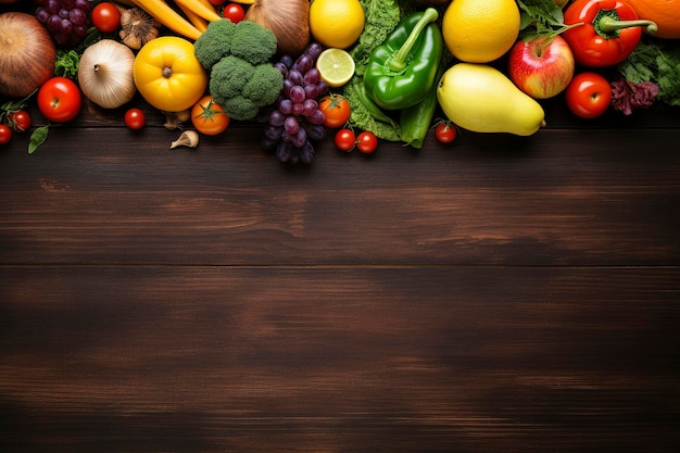 vista dall'alto del tavolo in legno pieno di sfondo di composizione di frutta e verdura e spazio per la copia