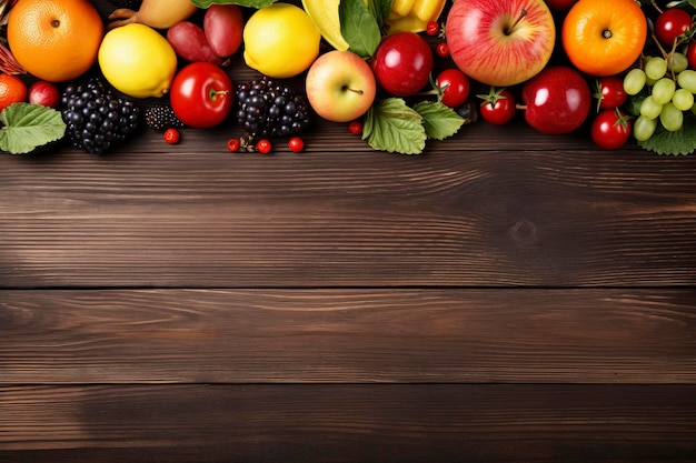 vista dall'alto del tavolo in legno pieno di sfondo di composizione di frutta e verdura e spazio per la copia