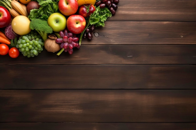 vista dall'alto del tavolo in legno pieno di sfondo di composizione di frutta e verdura e spazio per la copia